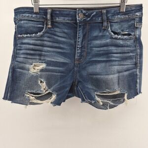 American Eagle Super Stretch Distressed Cutoff Shorts Dark Wash Denim Sz 14/16